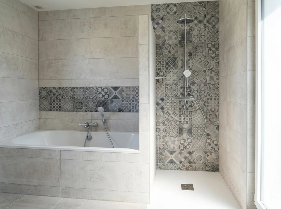 Salle de bain moderne avec baignoire encastrée blanche et douche à l'italienne séparée