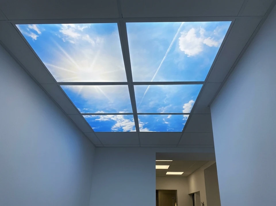 Plafond de bureau intégrant 6 dalles lumineuses LED format 600x600mm disposées en grille 2x3, imprimées avec un visuel ciel bleu nuageux et soleil rayonnant