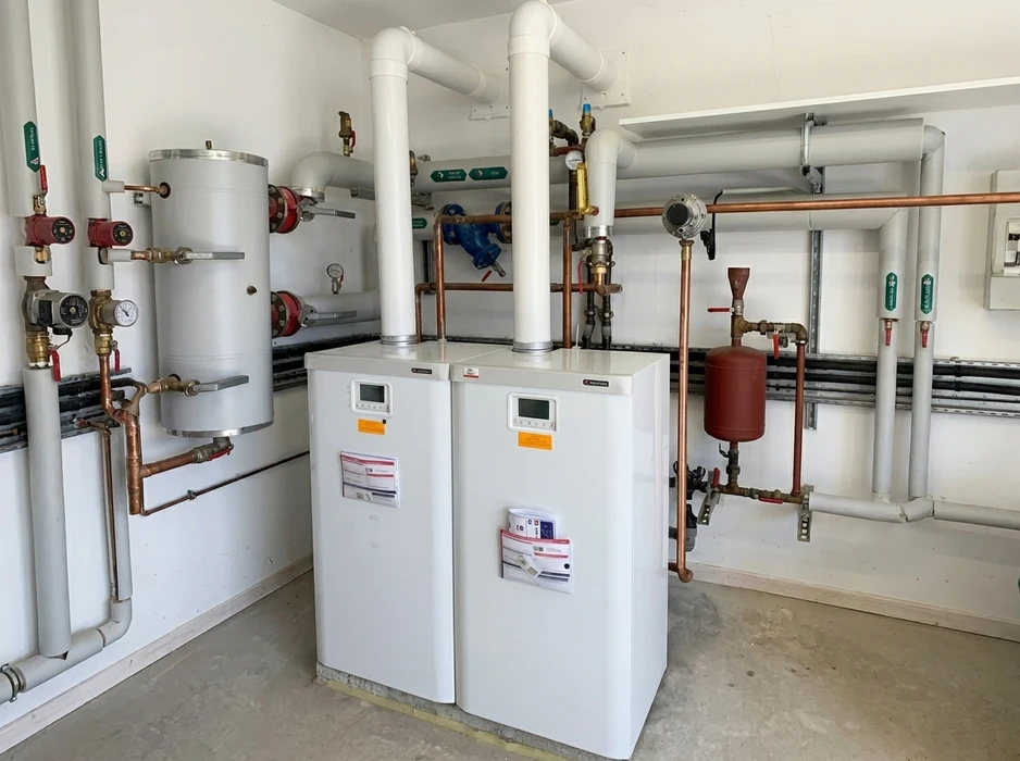 Chaufferie technique intérieure équipée de deux chaudières à condensation au sol de marque Frisquet, reliées par des colonnes de fumée en PVC blanc