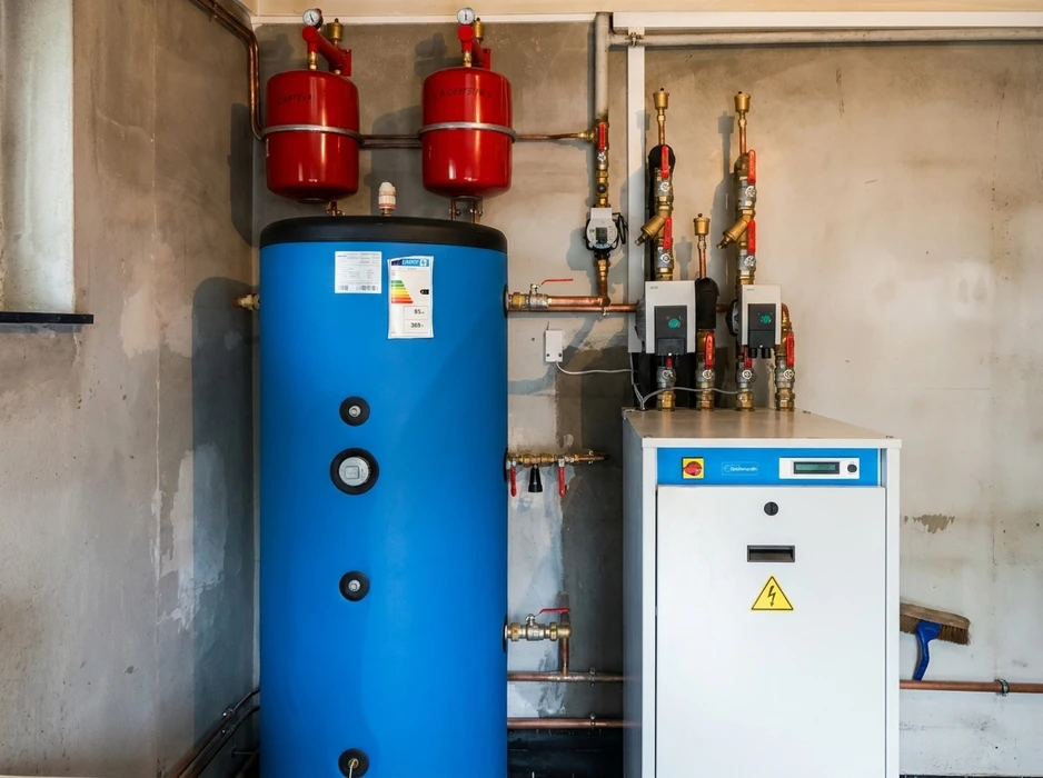 Local technique intérieur avec un ballon tampon bleu (305L) surmonté de deux vases d'expansion rouges, raccordé par tuyauterie cuivre à une pompe à chaleur géothermique (marque Gränkulla)