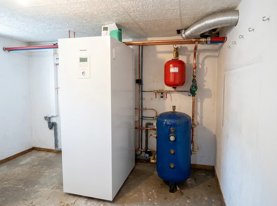 Local technique en sous-sol avec installation de pompe à chaleur Panasonic (unité intérieure blanche)