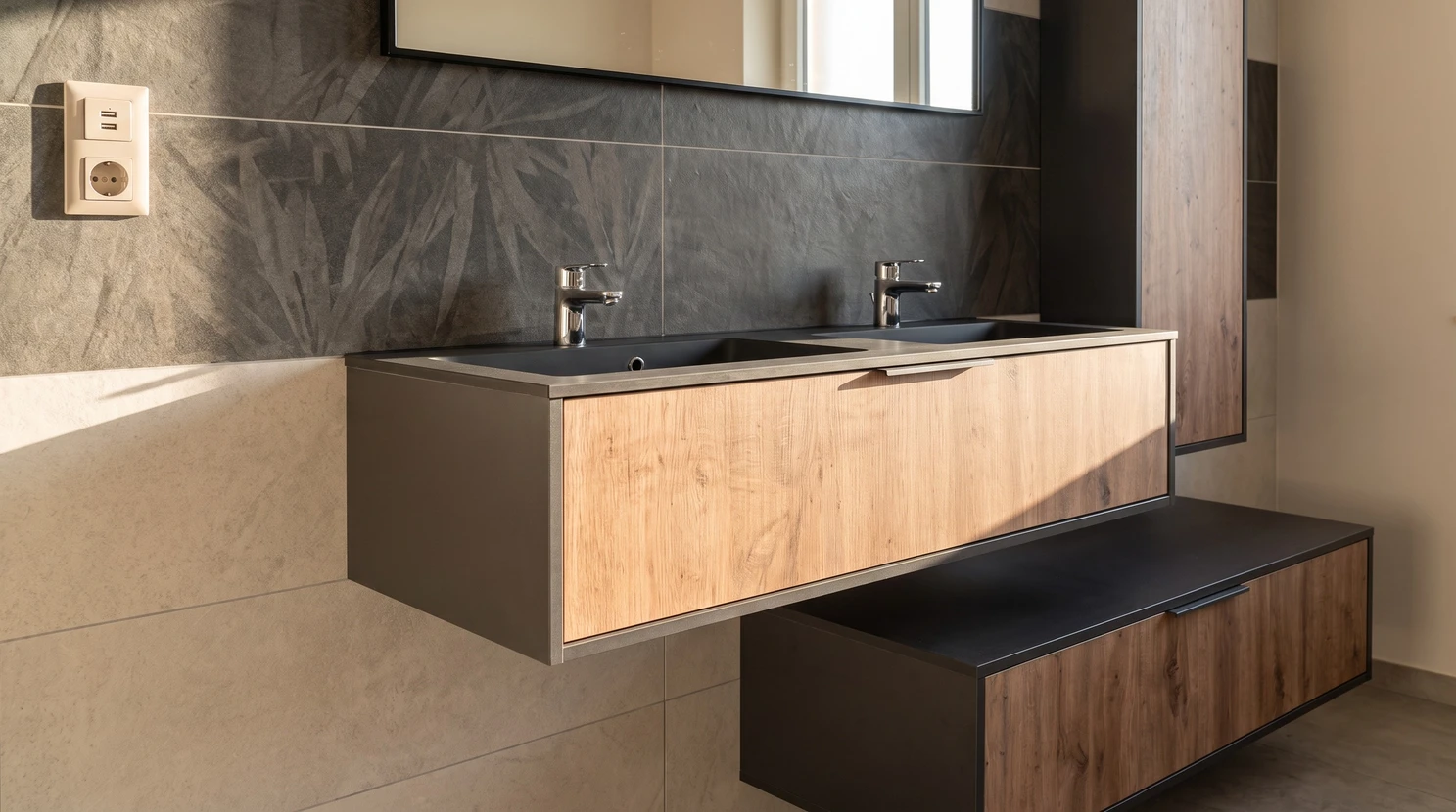 Salle de bain moderne avec vasque blanche intégrée dans meuble suspendu bleu marine et bois
