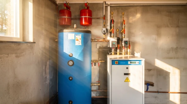 Intérieur de chantier, main gantée installant un robinet thermostatique blanc sur radiateur