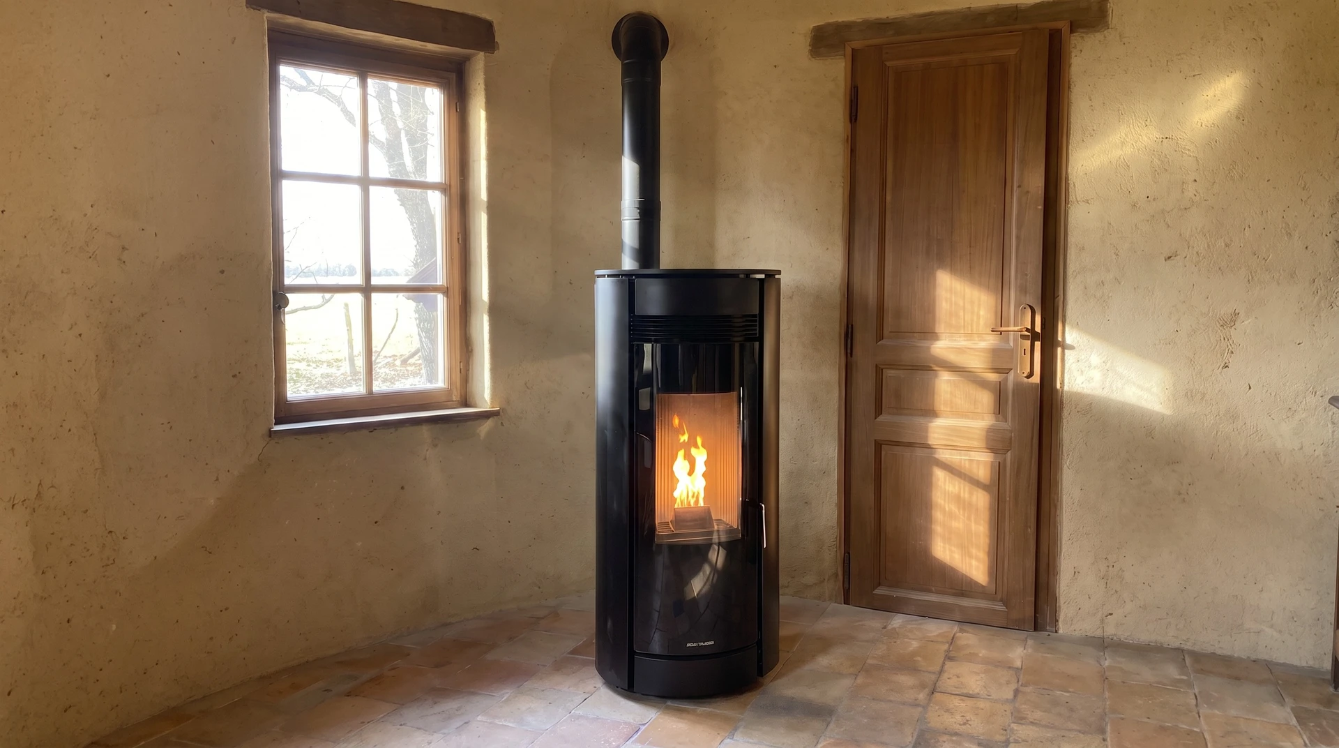 Intérieur moderne avec poêle à bois cylindrique noir en fonctionnement, flammes oranges visibles à travers la vitre