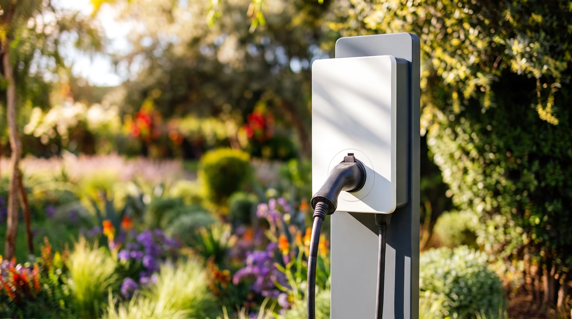 Photographie réaliste d'une maison individuelle moderne en façade partielle, montrant l'installation d'une wallbox de recharge murale blanche ou noire montée sur le mur extérieur, à proximité d'un parking ou d'une allée privée. Un véhicule électrique blanc ou gris est stationné devant, branché au dispositif de recharge, en position de charge. Environnement résidentiel calme, pelouse ou pavé visible, lumière naturelle diurne. Image incarnant l'accessibilité et la praticité de la recharge électrique à domicile en Sarthe.